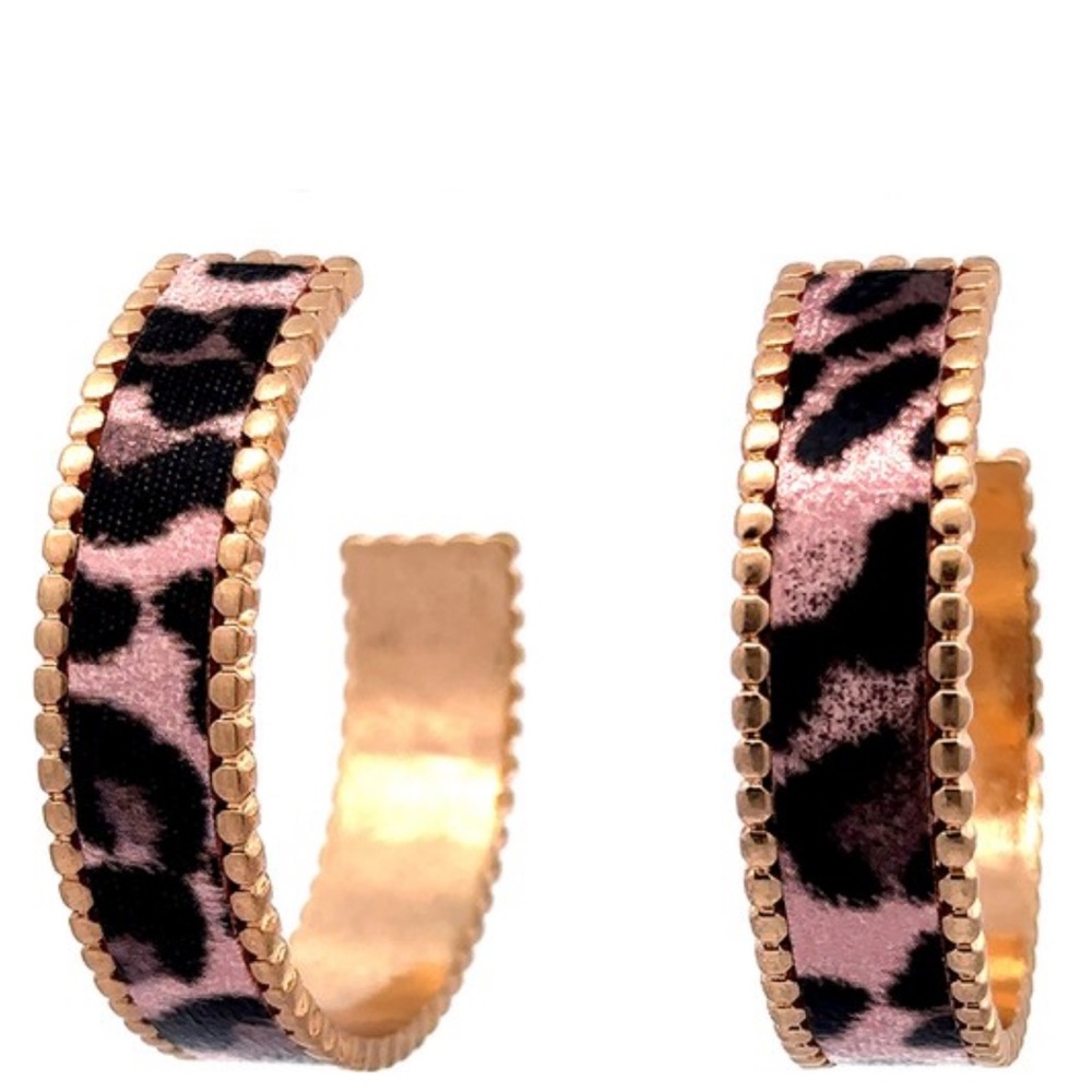 NWT! Leopard Print Pink Gold Textured Hoop Earrings